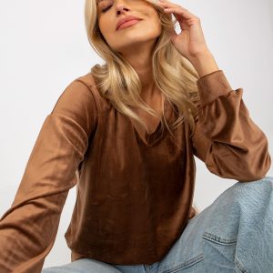 Wholesale Brown Plain V-Neck Velvet Blouse RUE PARIS