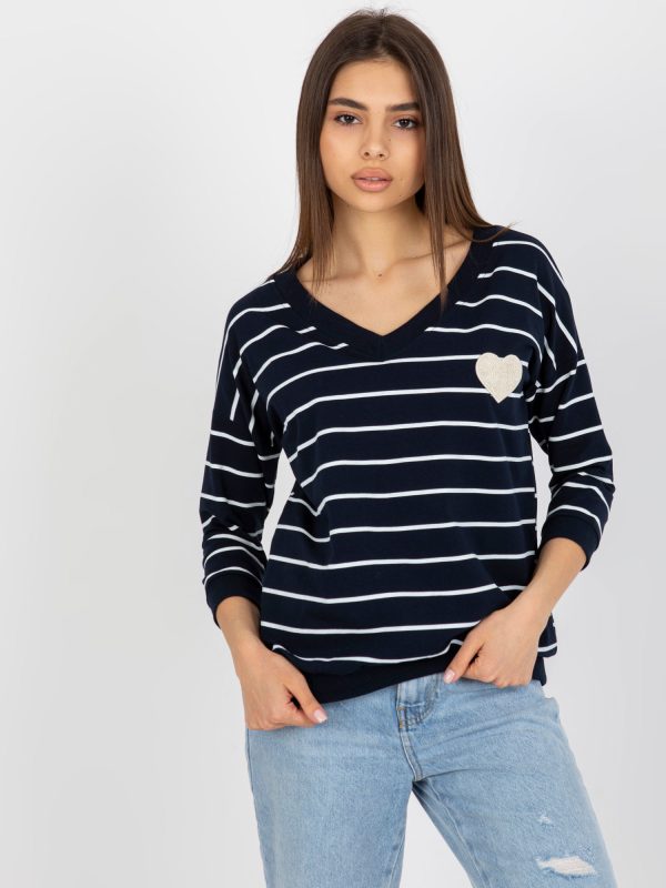 Wholesale Navy blue and white striped 3/4 sleeve top BASIC FEEL GOOD