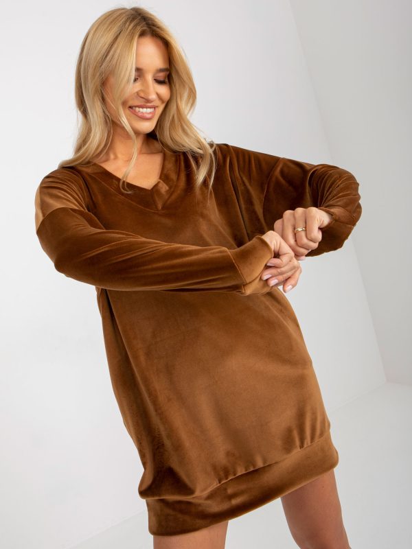 Wholesale Brown Loose V-Neck Velour Dress RUE PARIS