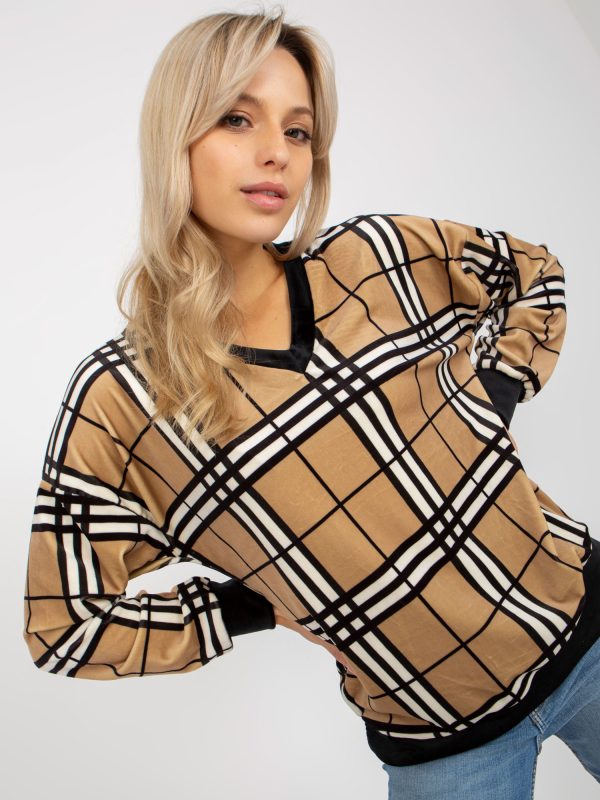 Wholesale Camel-black velvet plaid blouse RUE PARIS