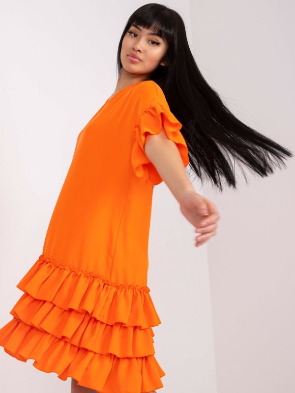 Wholesale Orange dress with flounces and short sleeves