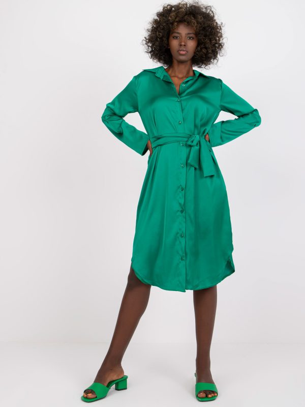 Wholesale Green midi dress in imitation satin Inga RUE PARIS