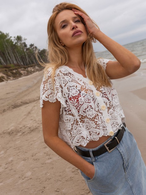 White short openwork blouse with button fastening